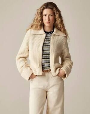 J. Crew Women's Collared Full-Zip Sweater in Merino Wool Cream Size XXS / XS NWT